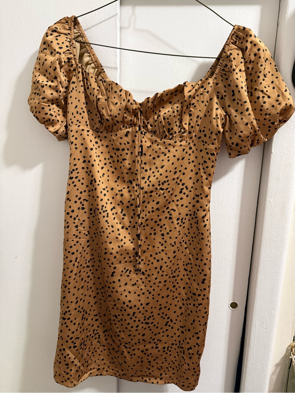 Lulu's Caramel Mini Dress with Black Dot Print